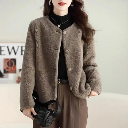 Autumn Winter Women Korean Fashion Luxury Chic Lamb Plush Button Jackets Retro Elegant Solid O Neck Long Sleeve Loose Warm Coats