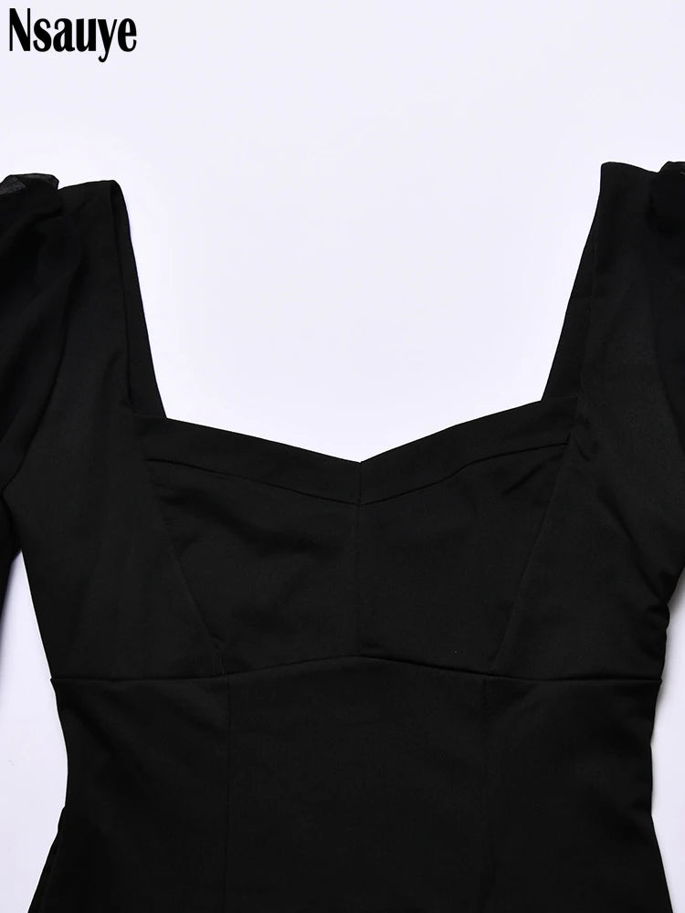 Nsauye 2022 Autumn Summer Sheath Long Puff Sleeve Skinny Women Rompers Bodysuits Y2K Square Collar Fashion Jumpsuit Body Tops