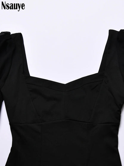 Nsauye 2022 Autumn Summer Sheath Long Puff Sleeve Skinny Women Rompers Bodysuits Y2K Square Collar Fashion Jumpsuit Body Tops
