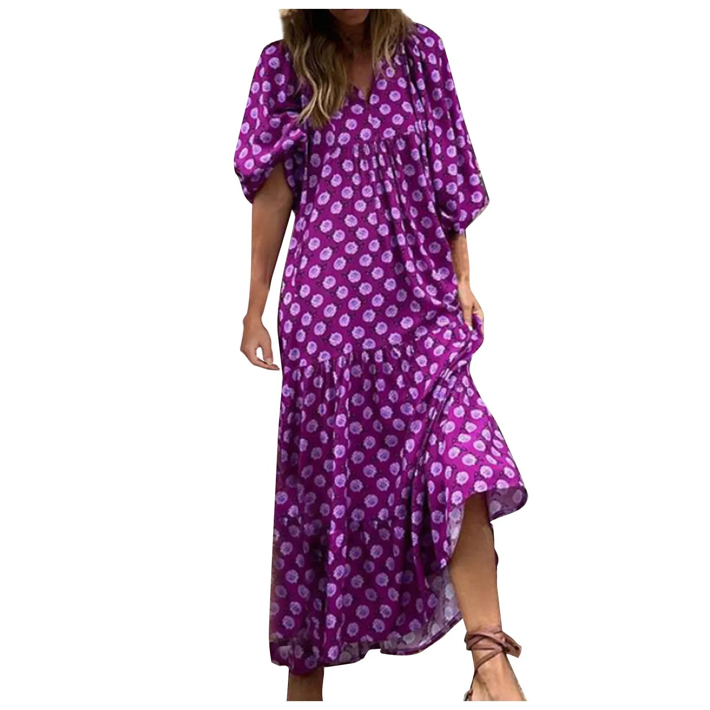 Women's Summer Casual Fashion Geometric Print Neckline Lace-up Bubble Middle-sleeves Ruffle Stitching Big Swing Long Losse Dress