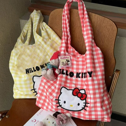 Cartoon Sanrio Hello Kitty Plaid Handbag Commuting Light Portable Summer Storage Shoulder Handbag High Capacity