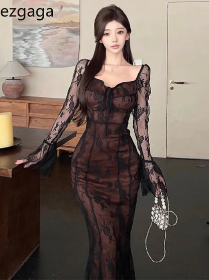 Ezgaga Party Dresses Women Vintage Sexy Lace Patchwork Flare Long Sleeve Bandage Backless Slim Elegant Mermaid Dress Female