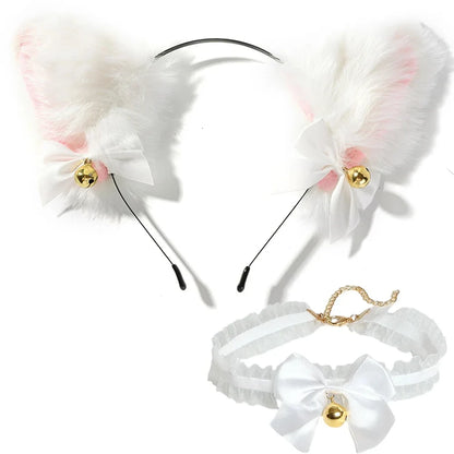 2Pcs Sexy Cat Ears Women Plush Bell Headband with Bell Heart Neckchain Cosplay Masquerade-Party Costume Hair Accessories