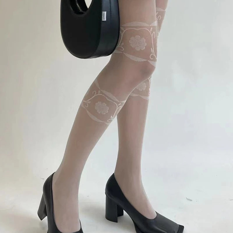 韓国風フラワー柄パンティーストッキング スリムレッグ レディース 薄手タイツ 夏秋用 レトロ ハイエラスティック ロング太ももストッキング 女性用