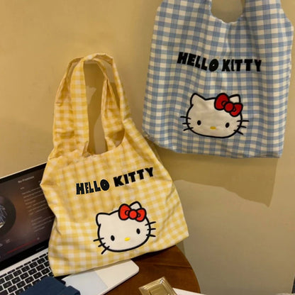 Cartoon Sanrio Hello Kitty Plaid Handbag Commuting Light Portable Summer Storage Shoulder Handbag High Capacity