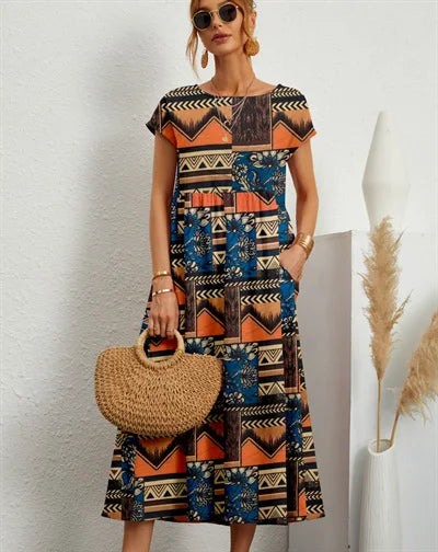 Fashion Women's Cotton and Linen Dress, Round Neck Printed Short Sleeved A-line Maxi Skirt, Unique Floral Long Dresses Vestidos