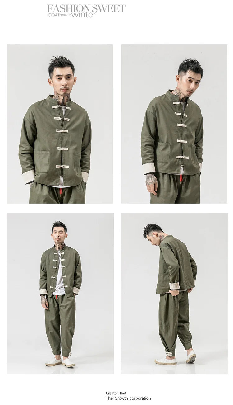 Chinese Wind Cotton Buckle Large Men's Casual Jacket Jacket Retro Stand-up Collar Tang Suit Top Batch