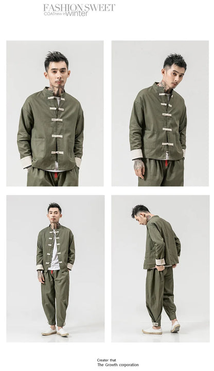 Chinese Wind Cotton Buckle Large Men's Casual Jacket Jacket Retro Stand-up Collar Tang Suit Top Batch