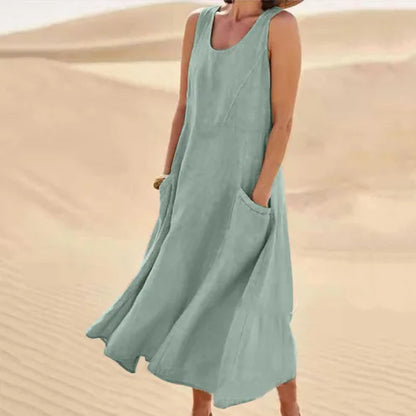 Chic Women Coton Linen Sundress Summer Female Sleeveless Double Big Pocket Loose Sand Beachwear Long Dress Oversized Vestidos