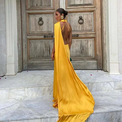 Elegant Satin Ribbon Halter Backless Sleeveless Dress for Women Slim Fit Party Evening Robes Lady Solid Color Autumn Summer 2025
