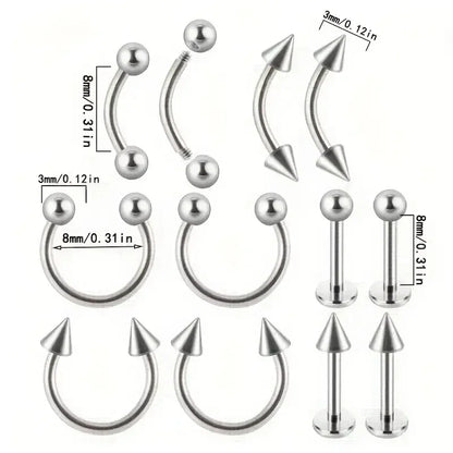12PC/set Surgical Steel Body Piercing Jewelry Lot Bulk Nose Ring Tongue Bar Lot Eyebrow Labret Piercing Set Horseshoe Ring