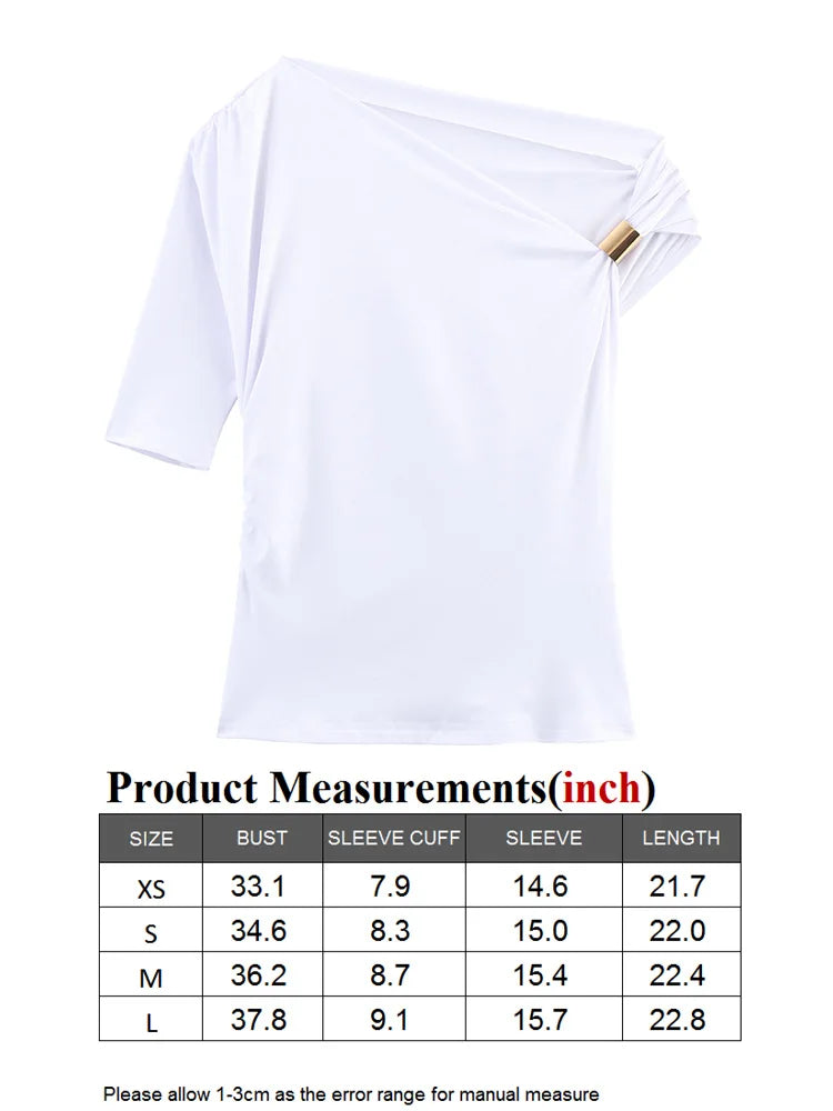TRAF GAL 2025 Summer Thin Women Tees Short Sleeve Metal Detail Ruched Elastic Slim Asymmetric T-Shirt Female Crop Top Y2K