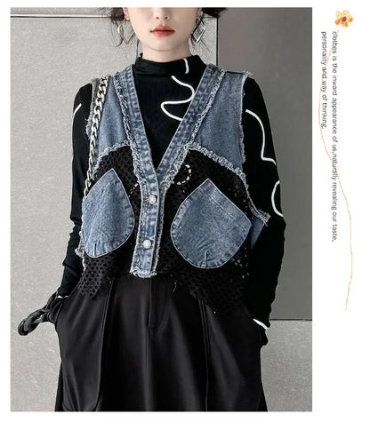 Grid Stitching V-Neck Denim Vest Women's Summer Fried Street Fashion Brand Loose Burrs Short Sleeveless Vests Jackets Female