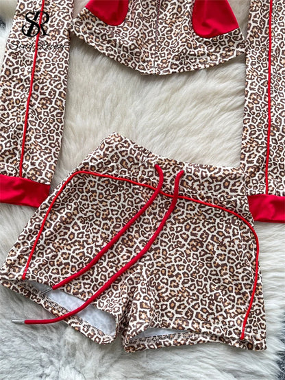 SINGREINY Sexy Leopard Two Piece Suits Female Stand Collar Zipper Slim Tops+Drawstring Mini Short 2025 Autumn Color Block Sets