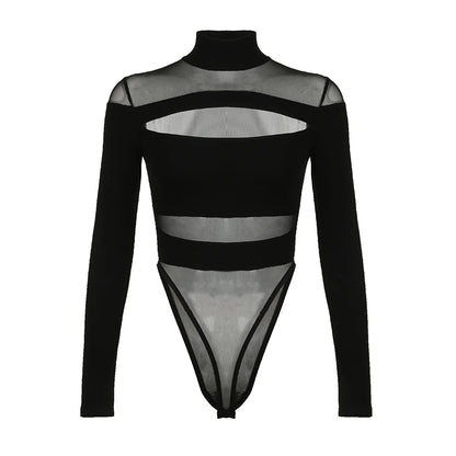 CIBBAR Black Hollow Out Bodysuit Mesh Patchwork Solid Full Sleeve See Through Bodycon Jumpsuit for Women Club Party Outfits Lady