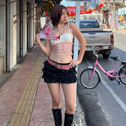 Candyhot Sexy Bow Casual Y2K Women's Top Summer Gauze Aesthetic Printed Tank Top Perspective Sleeveless Sling Women's Clothing
