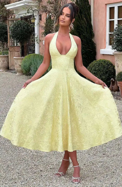 Giyu Club Evening Party Dresses Women 2025 Summer Sexy Bow Halter Long Dress Elegant Jacquard Lace Up Backless Birthday Robe