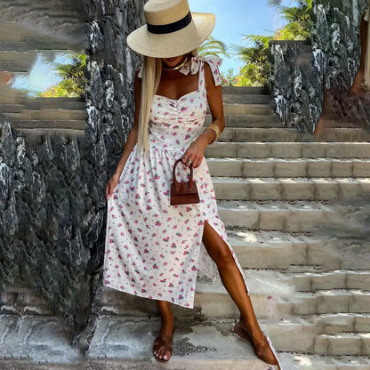 Summer Sexy Strap Midi Party Dresses Women 2024 Fashion Sleeveless Backless Print Slim White Dress Vacation Sundress Elegant
