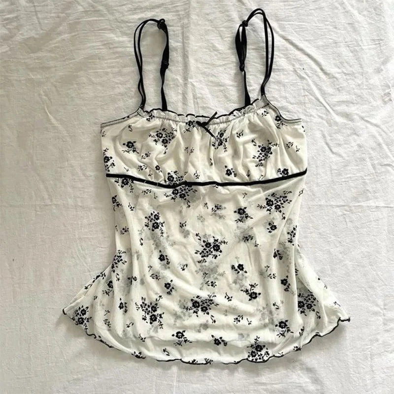 Y2K Cute Women Sleeveless Suspender vintage Sweet Lace Casual Emo Girls Harajuku Bowknot Streetwear Summer Slim Ladies Crop Tops