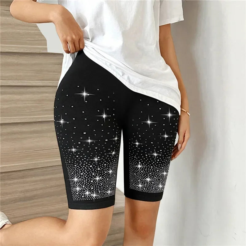 ブラックストレッチラインストーンスキニーホットパンツ レディースレギンス パールレター入り ホットドリル ニー丈伸縮パンツ スリムヨガレギンス