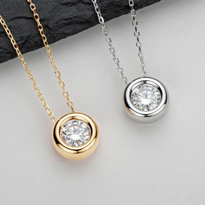 Lycfn 1CT Round Bezel Setting Moissanite Pendant Necklace For Women 925 Sterling Silver With GAR Clavicle Bubble Chain Jewelry