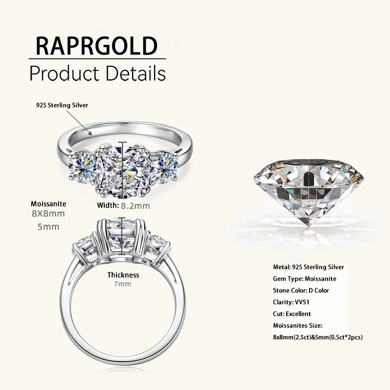 RAPRGOLD GRA Certified All Moissanite Rings for Women Original 925 Sterling Silver Ring Wedding Band Fine Jewelry Gifts Anillos