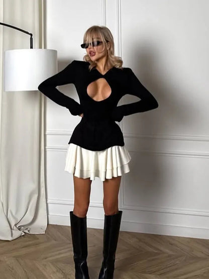 レディースファッション セクシー ストリートウェア 長袖 Vネック シース ミニワンピース ホロウアウト Aライン ドレス 女性用 スリムフィット カジュアル