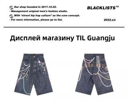 Chain Print Blue Jeans orts Men's Summer Loose Straight Leg Seven-Foot Pants Casual High Waist Corduroy Youth Faion