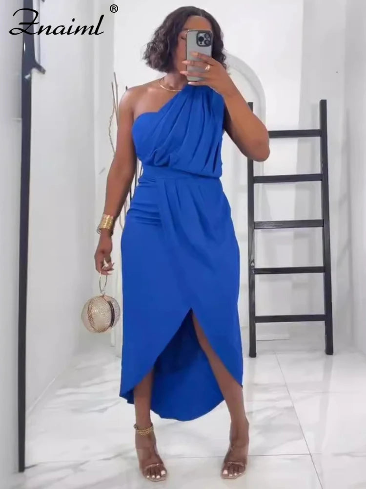 Znaiml Elegant Yellow Wedding Party Dresses Women One Shoulder Sleeveless Ruched Split Bodycon Evening Prom Birthday Gown Robe