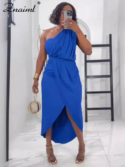 Znaiml Elegant Yellow Wedding Party Dresses Women One Shoulder Sleeveless Ruched Split Bodycon Evening Prom Birthday Gown Robe
