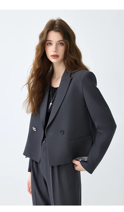 Solid Suits for Women 2025 Spring Fashion Office Ladies Long Sleeve Double Breasted Short Tops Chic Cargo Pant Suits