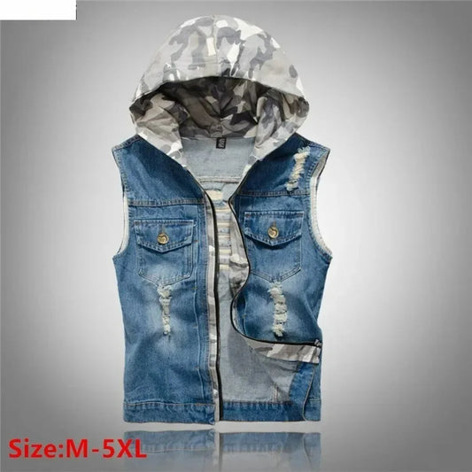 New  Men's Korean Style Vest Fashion Slim Camouflage Hooded Waistcoat Casual Sport Denim Vest Sleeveless Jackets for Men 5XL