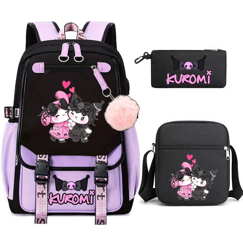 Kuromi Student Backpack 3pcs Cartoon Rucksack Girls School Bag High Capacity Women Backpack Female Cute Leisure Travel Mochilas