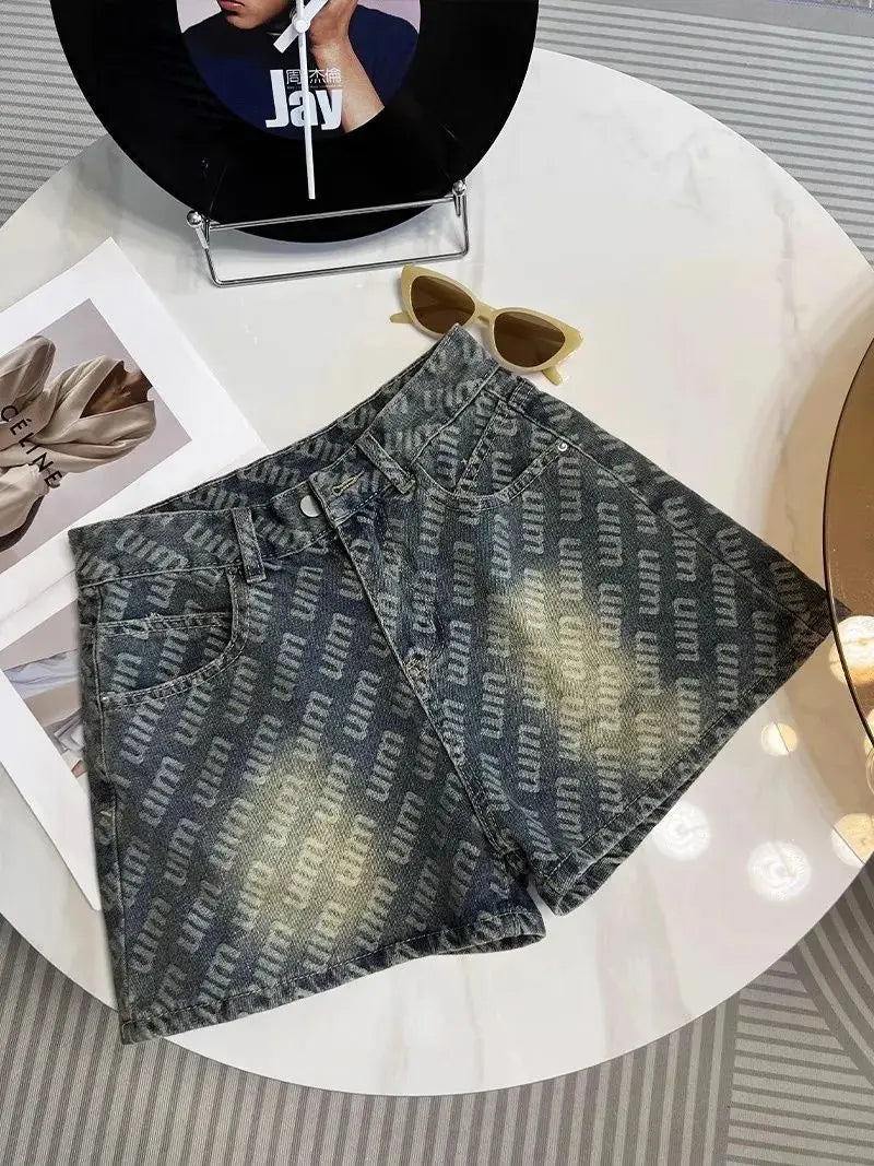 Letter Printed Denim Shorts  Women Design High Waist Loose Slimming Wide-leg A-line Hot Pants