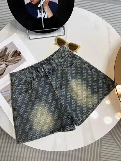 Letter Printed Denim Shorts  Women Design High Waist Loose Slimming Wide-leg A-line Hot Pants