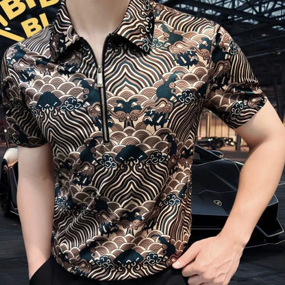 New Chinese Trend Leading Half-zip Men's Short-sleeved Shirt, Hong Kong Style Top