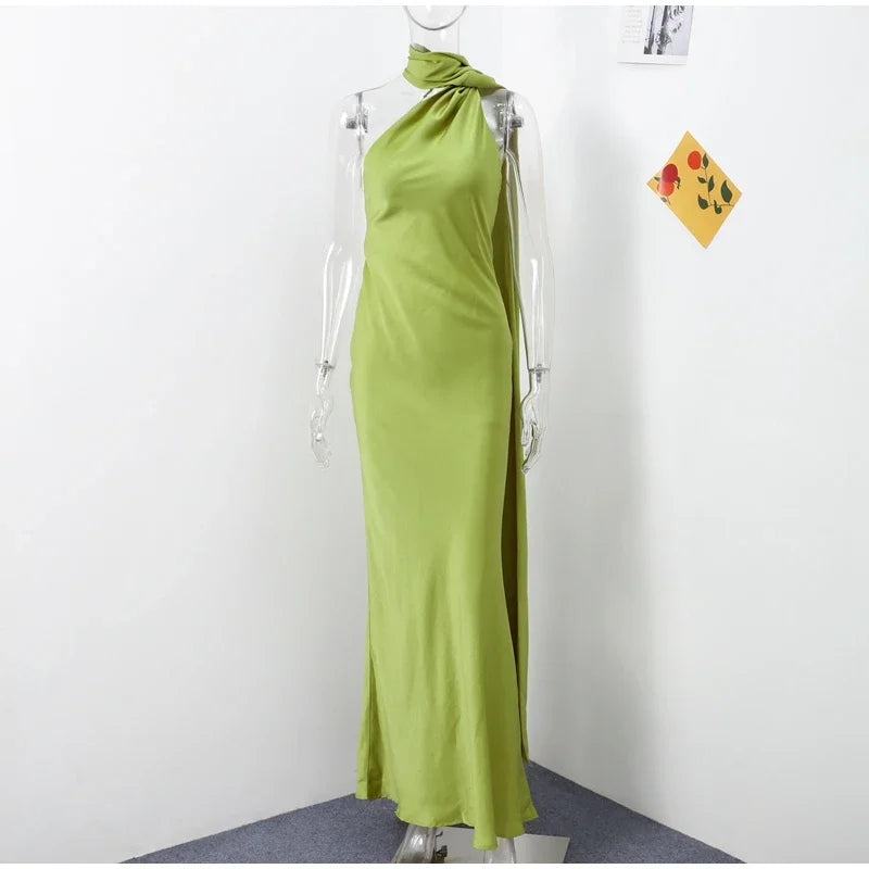 Elegant Satin Ribbon Halter Backless Sleeveless Dress for Women Slim Fit Party Evening Robes Lady Solid Color Autumn Summer 2025