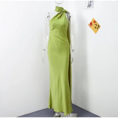 Elegant Satin Ribbon Halter Backless Sleeveless Dress for Women Slim Fit Party Evening Robes Lady Solid Color Autumn Summer 2025