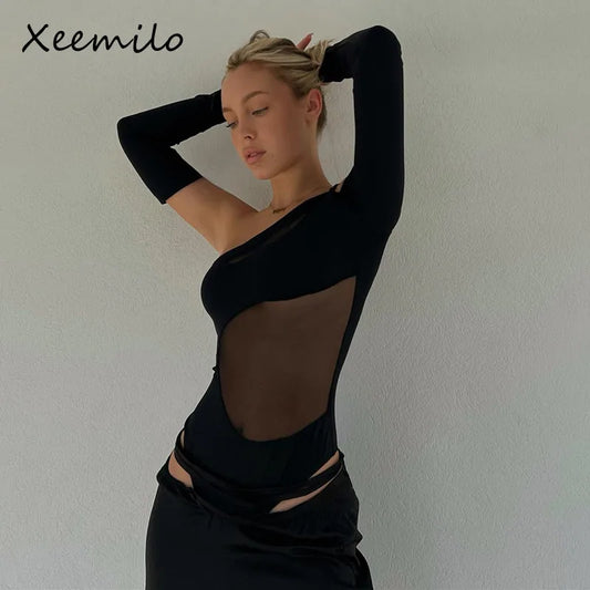 WhereMery Sexy Hollow Out See Through Mesh Bodysuit Women's Off Shoulder Long Sleeve Skinny T Shirts Gothic Aesthetic Bodysuits