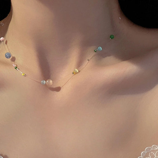 Korean Trendy Invisible Fish Line Beaded Necklace For Women Girls Necklaces 2025 Sweet Cute Clavicle Chains Charm Choker Jewelry
