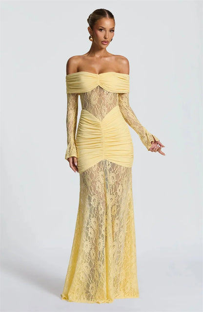 Mozision Off-shoulder Long Sleeve Sexy Maxi Dress Women Fashion Lace See Through Strapless Backless Bodycon Club Party Dresses