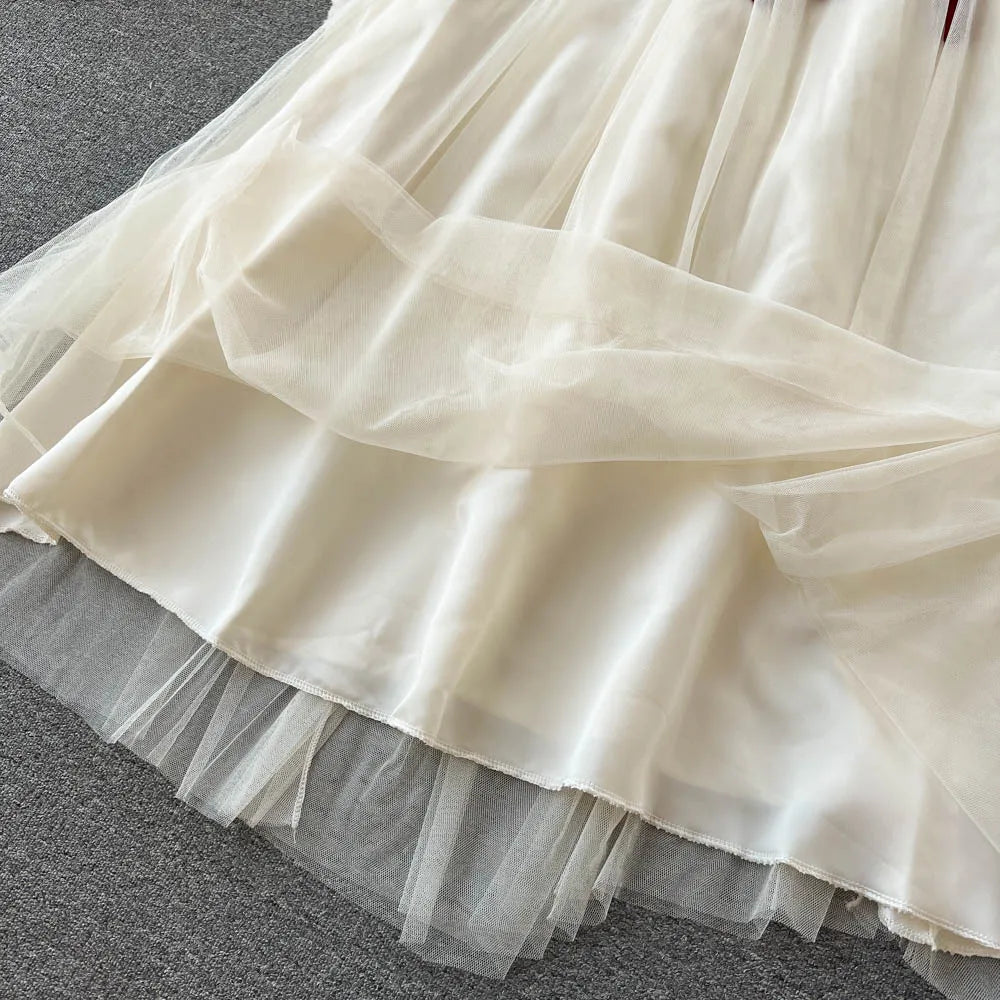 France Vintage Bow Mesh Wedding Runway Party Dresses Women Summer Fashion Elegant Strap Graduation Evening Vestidos Ladies Robe