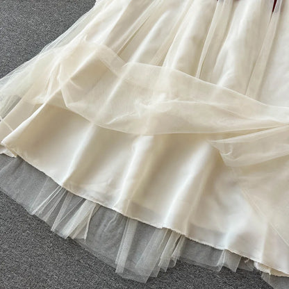 France Vintage Bow Mesh Wedding Runway Party Dresses Women Summer Fashion Elegant Strap Graduation Evening Vestidos Ladies Robe