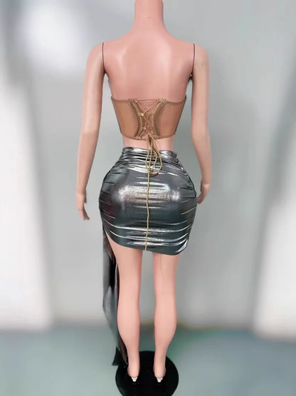 2025 Glamorous Silver Rhinestone Birthday Party Stage Dress Women's Tube Top Hip Skirt Light Luxury Evening Gown Summer Fashion