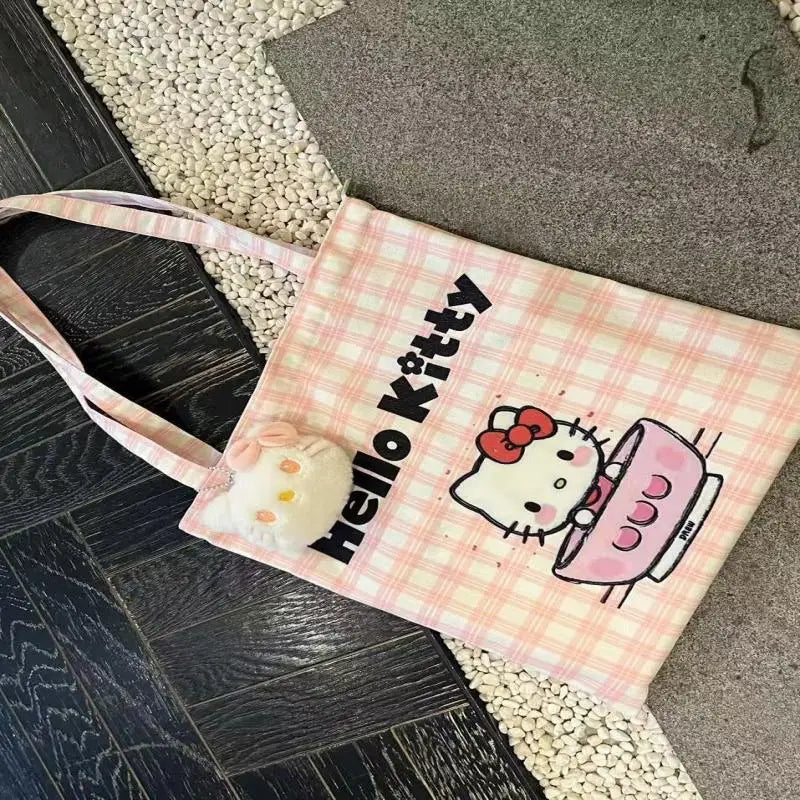 Cartoon Sanrio Hello Kitty Plaid Handbag Commuting Light Portable Summer Storage Shoulder Handbag High Capacity