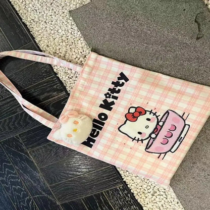 Cartoon Sanrio Hello Kitty Plaid Handbag Commuting Light Portable Summer Storage Shoulder Handbag High Capacity
