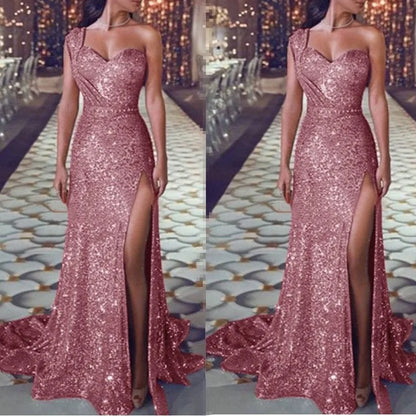 Wedding Party Dress Female Evening Elegant Sexy Deep V Neck One Shoulder Sleeveless Sequined Long Maxi Dresses For Women 2023
