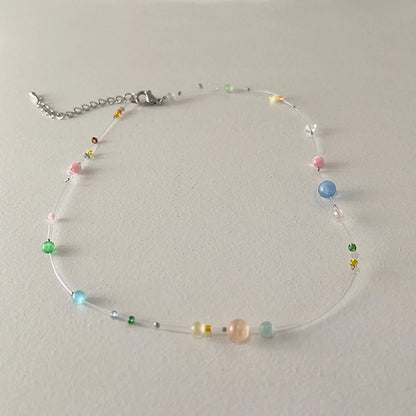 Korean Trendy Invisible Fish Line Beaded Necklace For Women Girls Necklaces 2025 Sweet Cute Clavicle Chains Charm Choker Jewelry