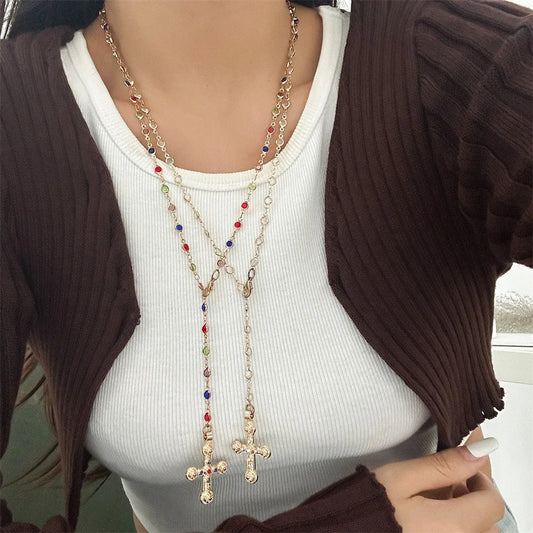 Unique Cross Pendant Necklace for Women Simple Crystal Necklace Sweater Chain Long Y-shaped Necklace Y2K Party Jewelry 2024