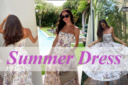 Mingmingxi Summer Floral Print Dress Elegant 2025 New Arrivals Spaghetti Strap Flare Dress Maxi Holiday Party Dresses Women